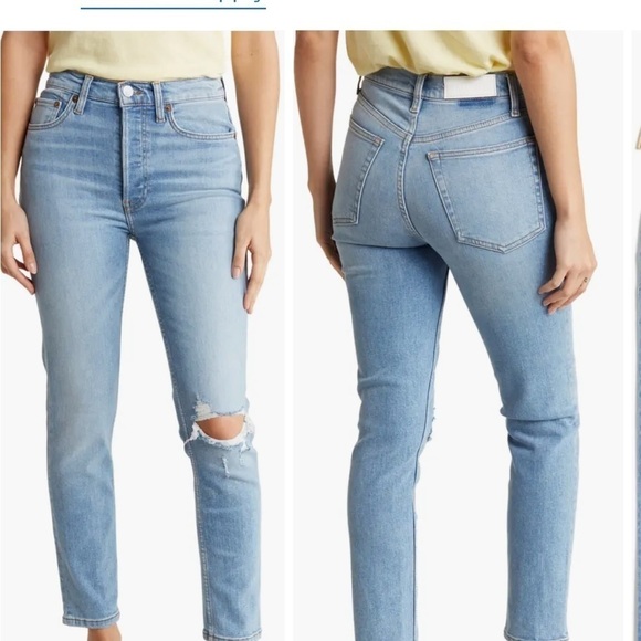 RE/Done 90’s High Rise Ankle Crop Distressed Jeans in Worn Bright Blue - Picture 3 of 14